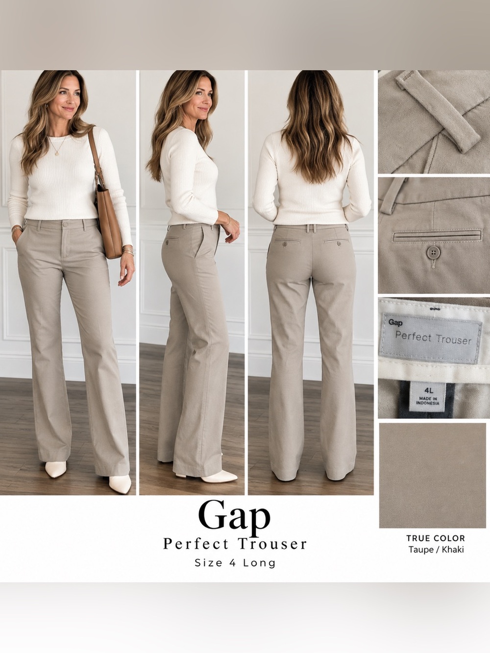 Gap Perfect Trouser Flare Trousers in Taupe/Khaki Size 4 Long